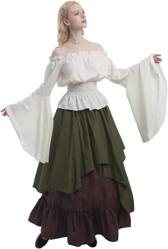 Vista 2 de CR ROLECOS Disfraz renacentista para mujer, vestido medieval campesino, manga trompeta, camisa y falda victoriana