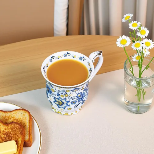 Vista 6 de Taza de café vintage con estampado de flores en relieve, taza de café retro de porcelana de alta calidad de 11.8 onzas para café, té, leche, Azul