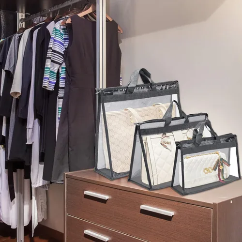 Vista 7 de 12 bolsas para el polvo para bolsos, bolsas de almacenamiento transparentes para mujeres, 3 tamaños, organizador de bolso, funda organizadora