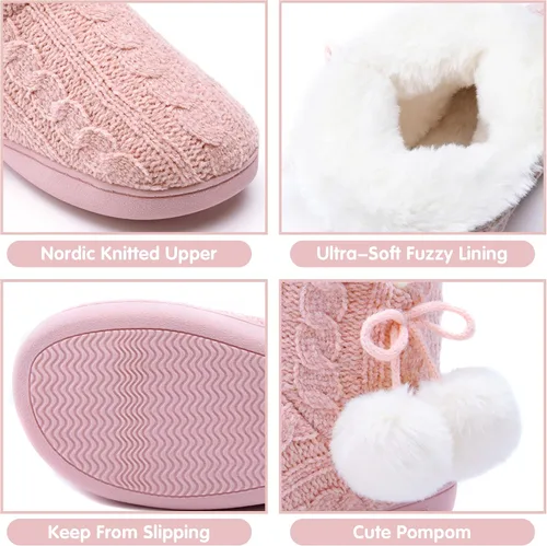 Vista 5 de DL Pantuflas de mujer cálidas para el hogar, esponjosas y lindas para el invierno, cómodas botas de espuma viscoelástica de punto trenzado, botas