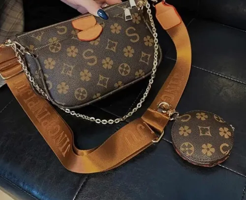 Vista 5 de Conjunto de bolso de mano de 3 piezas para mujer con correa marrón, rosa y marrón oscuro, así como una pequeña correa dorada, Marrón