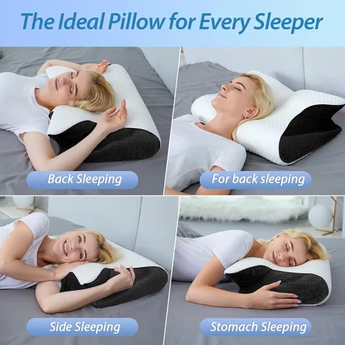 Vista 4 de HOMCA Almohada cervical de espuma viscoelástica, 2 en 1, almohada ortopédica de contorno ergonómico para dolor de cuello, almohadas de soporte Negro