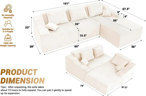 Vista 2 de HABUTWAY Sofá modular modular de 101 pulgadas con asiento profundo, moderno sofá convertible en forma de L, sofá tapizado con diván para sala