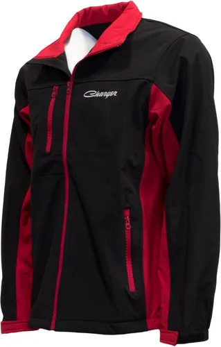 Vista 2 de David Carey Dodge Charger Softshell chamarra de trabajorojo y negroligero con cierre, entallada, con bordado apliques Logo