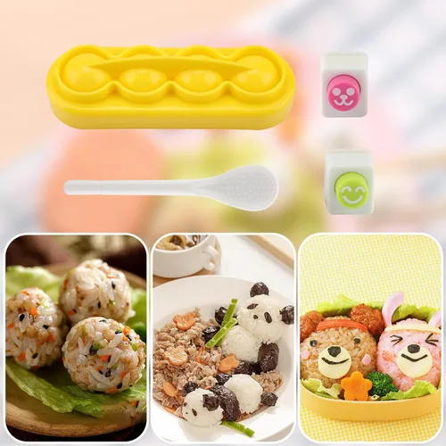 Vista 5 de Agatige Moldes de bolas de arroz, mini máquina portátil para hacer bolas de arroz, moldes de sushi con cuchara y cara sonriente, algas marinas Nori