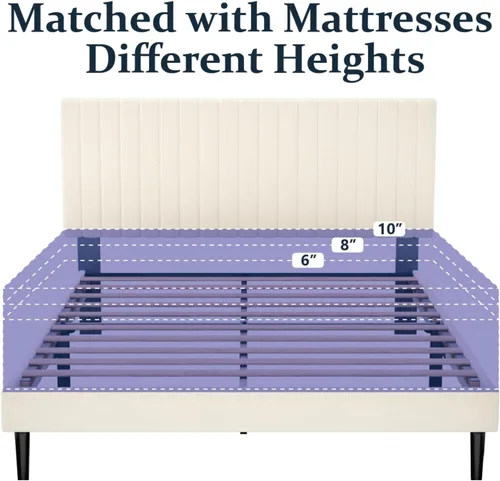 Vista 6 de HAOARA Base de cama de plataforma tamaño Queen con cabecera tapizada de terciopelo, marco de cama Queen con listones de madera fuertes, somier Beige