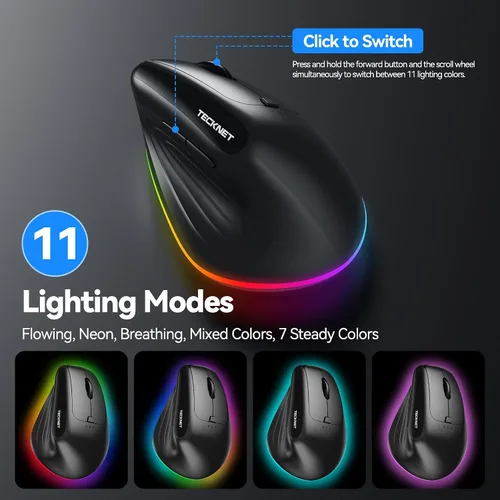 Vista 3 de TECKNET Ratón ergonómico inalámbrico recargable RGB – USB + Bluetooth Multi-dispositivo LED Vertical Mouse con 11 modos de retroiluminación RGB