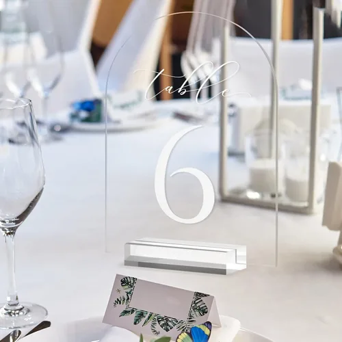Vista 6 de Números de mesa de arco transparente para boda, mesa de acrílico arqueada de 5 x 7 pulgadas, números 1-10 con soportes, letrero de arco de acrílico