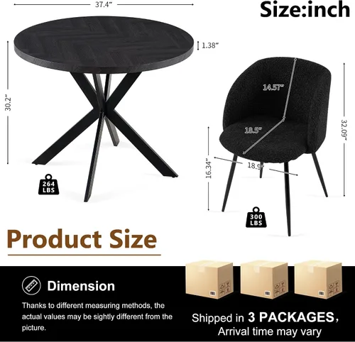 Vista 6 de Homedot Juego de mesa de comedor de cocina de 3 piezas para 2, mesa de comedor redonda negra de 37 pulgadas con brazos de comedor negros, juego
