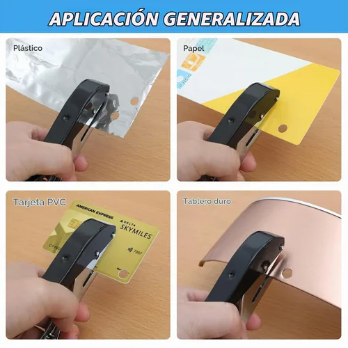 Vista 5 de Perforadora Resistente de un Solo Orificio - Portátil de Mano para Papel, Tarjetas, Plástico y Cartón (10MM Negro)