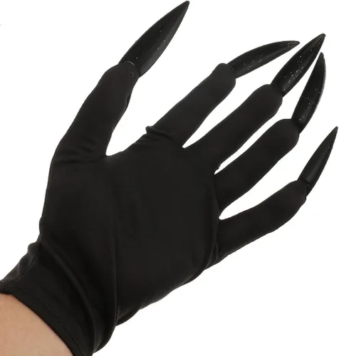 Vista 2 de Guantes de Halloween largos con purpurina para las uñas, guantes de mujer de diablo aterrador, para Halloween, carnaval, vestido de fantasía