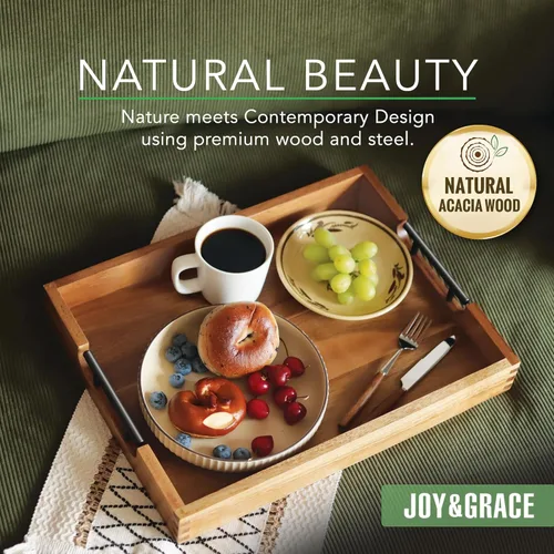 Vista 2 de Joy&Grace Bandeja otomana para sala de estar, bandeja grande de madera de acacia con asas para mesa de café, desayuno en la cama, cena de comida