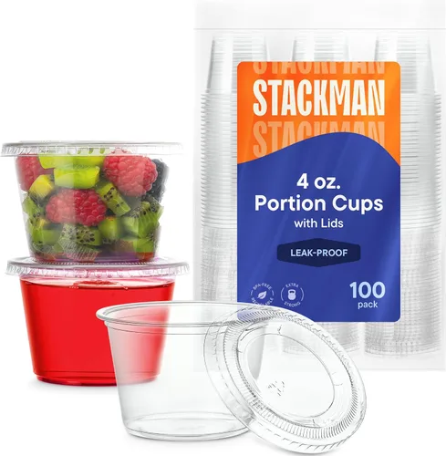 Vista 6 de Mini vasos de plástico para soufflé con tapas [2 oz - 100 juegos] Vasos para shots de gelatina - Vaso de 2 oz, recipientes pequeños para condimentos