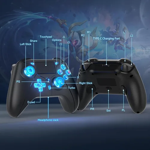 Vista 6 de Dinosoo 2.4G Wireless Controller for PS5 and PC – LED Light, Remappable Back Buttons, Adjustable Turbo, USB Adapter Included