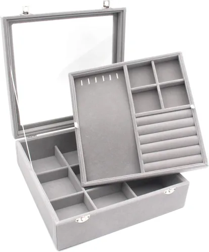 Vista 2 de KLOUD City Joyero con tapa de vidrio Caja de joyería de dos capas Organizador Display Storage Case (gris)