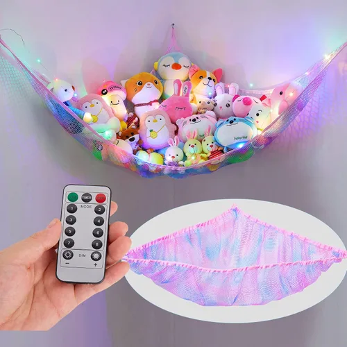 Vista 8 de Unicorn Castle Hamaca de red para animales de peluche, almacenamiento de juguetes con luz LED, organizador de juguetes de felpa para colgar