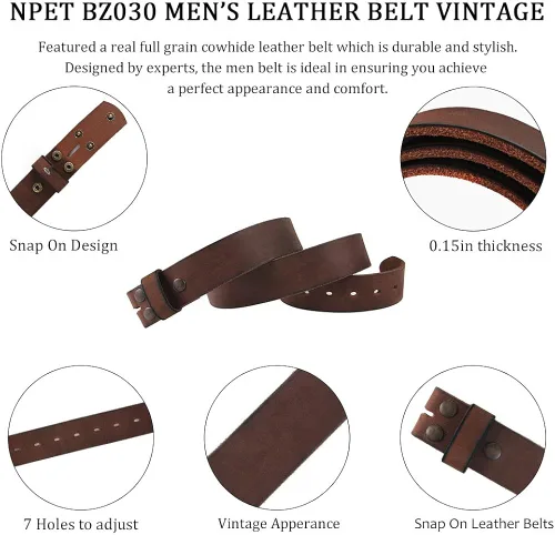 Vista 4 de NPET Mens Leather Belt Full Grain Vintage Distressed Style Snap on Strap 1 12" Wide