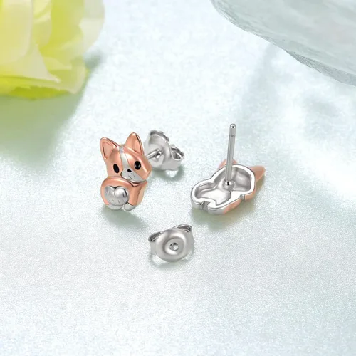 Vista 3 de Aretes de plata de ley 925, diseño de perro corgi/perro salchicha/perro perrito kawaii, regalos para mujeres, amantes de los perros
