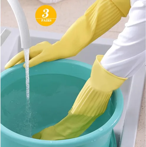 Vista 5 de 3 pares de guantes de 17.8 pulgadas de longitud con codo de goma reutilizables, impermeables, para limpieza del hogar y cocina, tamaño pequeño