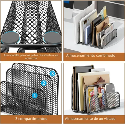 Vista 4 de gianotter Organizador de correo de encimera, soporte de archivos de metal con 3 ranuras, organizador de facturas para recibos de oficina y Negro
