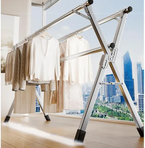 Vista 2 de Tendedero plegable para interiores de 63 pulgadas, con ruedas, estante de secado de ropa portátil de acero inoxidable resistente, estante de secado