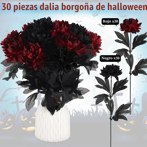 Vista 2 de Tigeen - 60 flores artificiales de color burdeos, flores góticas Flores de Halloween de tallo largo, ramo de novia, cosecha, centros de mesa