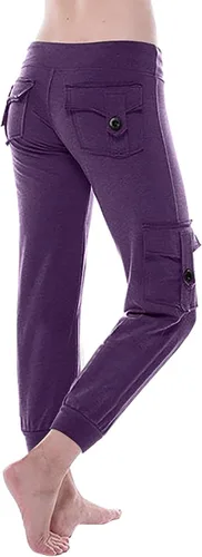 Vista 4 de Pantalones de chándal Mujer botones Leggings Cintura elástica y bolsillos Pantalones Largos recortados para Yoga