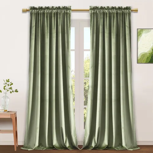 Vista 45 de JIUZHEN Cortinas de terciopelo beige de 63 pulgadas de ancho x 63 pulgadas de largo, cortinas de terciopelo retro suaves con bolsillo para barra