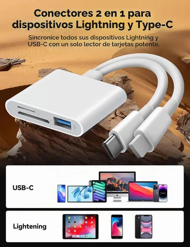 Vista 3 de Lector de tarjetas SD para iPhone iPad Lightning USB-C Adaptador de tarjeta de memoria de doble conector con ranuras dobles y puerto USB Visor