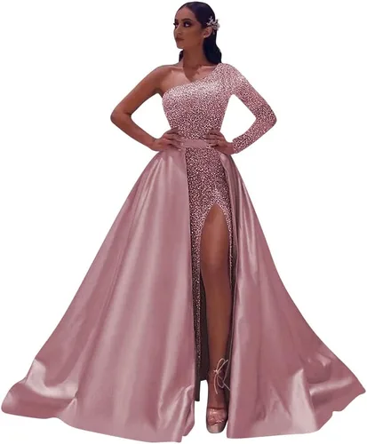 Vista 3 de TIRAS Vestidos de fiesta de un hombro para mujer 2023 con abertura en la manga y lentejuelas vestido formal de satén con cola desmontable CM153