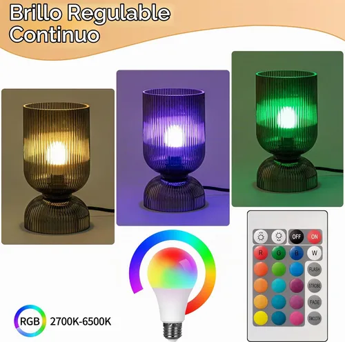 Vista 7 de Lámpara de mesa de vidrio RGB moderna con control remoto, lámpara de noche con cambio de color y pantalla de vidrio acanalada, 16
