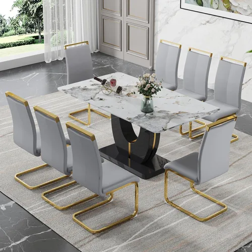 Vista 62 de JUFU Juego de mesa de comedor moderno para 4, juego de mesa de cocina rectangular de 63 pulgadas con mesa de mármol sintético y 4 sillas tapizadas