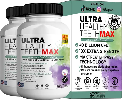 Vista 10 de Suplemento probiótico Ultra Healthy Teeth Max, 40 mil millones de UFC, 60 cápsulas, fórmula avanzada de salud bucal (1)