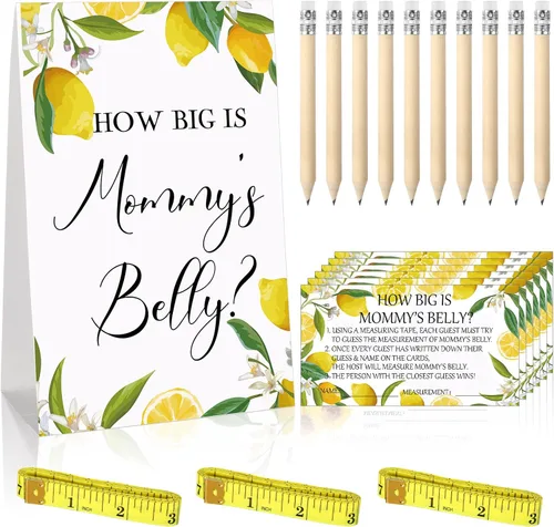 Vista 100 de Sabary 64 Piezas Juegos de Baby Shower Incluyen Letrero How Big is Mommy's Belly Sign Measure Bump Game 50 Tarjetas 10 Lápices 3 Cintas Métricas