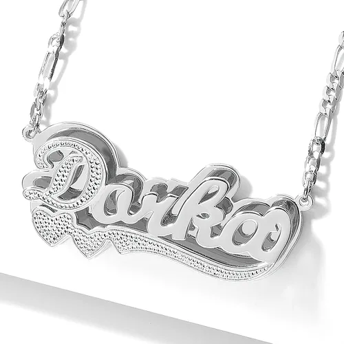 Vista 2 de Drawelry Collar con nombre personalizado de dos tonos con placa de oro de 18 quilates, chapado en doble corazón, placa con dije de placa de nombre