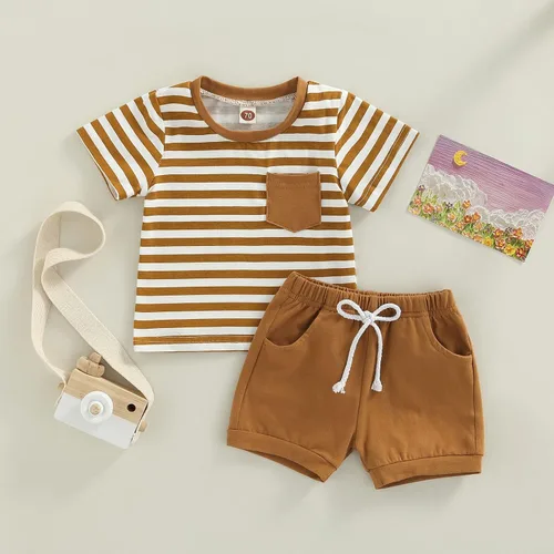 Vista 65 de Conjunto de ropa casual de manga corta con botones y pantalones cortos de lino para bebés y niños pequeños