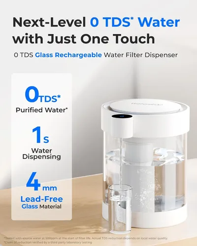 Vista 2 de Waterdrop 0 TDS - Dispensador de filtro de agua eléctrico de vidrio para encimera, grande de 22 tazas, sistema de filtración de agua instantánea