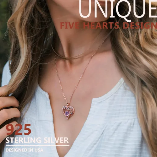 Vista 56 de Collar de cristal de 5 corazones, chapado en oro rosa de 18 quilates, colgante con cadena de plata de ley 925 de 18 + 2 pulgadas, joyería de piedra