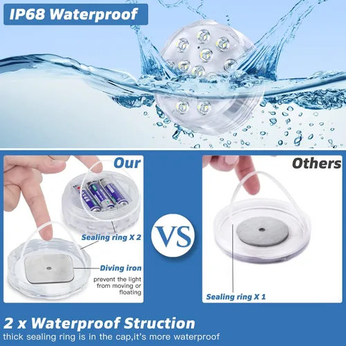 Vista 4 de Luces de piscina sumergibles con control remoto, luces de estanque impermeables con ventosas mejoradas, imanes, 16 colores intercambiables, batería