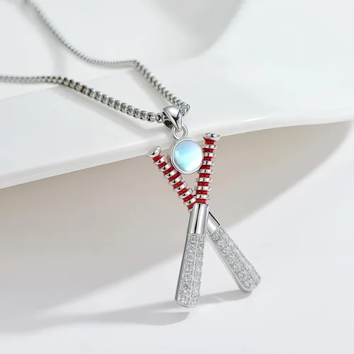 Vista 2 de Collar de Béisbol/Golf/Hockey/Tenis Plata de Ley 925 Piedra Lunar Pelota Colgante Deportivo Joyería Regalos de Graduación para Mujeres Novia Mamá