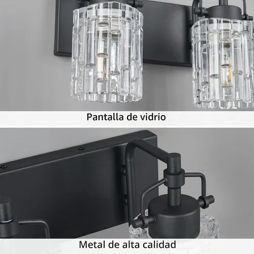 Vista 4 de Luz de Tocador de Baño de 2 Luces Moderna con Soporte de Vidrio de Cristal Luz de Baño Negra Accesorios de Iluminación de Tocador de Cristal