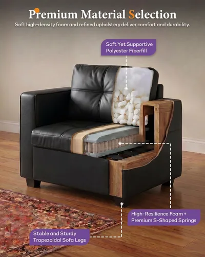Vista 5 de TYBOATLE - Silla Accent cómoda de cuero sintético negro para sala de estar, silla de lectura extragrande con botones decorativos, estilo moderno