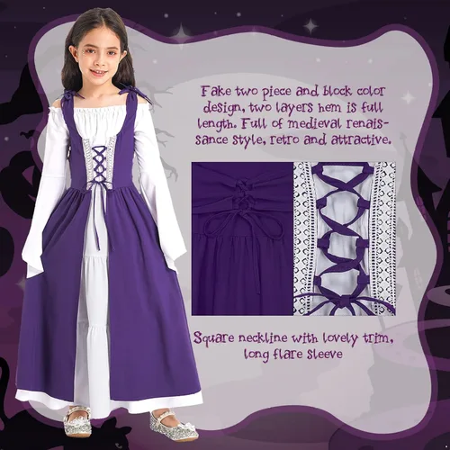 Vista 5 de Nikiikoo Vestido vintage renacentista para niños y niñas, vestido gótico medieval, vestido largo para Halloween