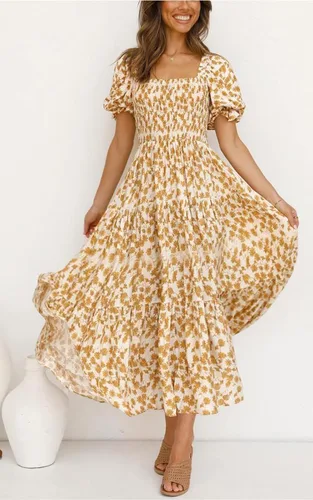 Vista 4 de PRETTYGARDEN Vestidos de verano con estampado floral bohemio para mujer, cuello cuadrado, manga abombada, acampanado, vestido largo casual fruncido
