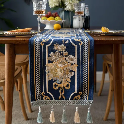 Vista 10 de Camino de mesa de lujo bordado, largo camino de mesa de comedor, elegante bufanda de jacquard con borlas múltiples para decoración de mesa