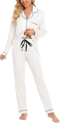Vista 35 de Leikar Button Up Pajamas For Women Long Sleeve Viscose Soft Pjs Lounge bean paste