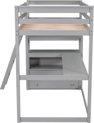 Vista 6 de Polibi Cama tipo loft de madera de tamaño individual con escritorio/2 cajones integrados/2 estantes, cama loft multifuncional con escalera