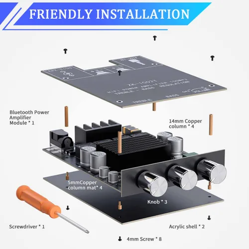 Vista 4 de ZK-1002T Placa de amplificador Bluetooth de 200W 2.0 CH Amplificador de audio con control de agudos y graves Placa de amplificador de potencia HiFi
