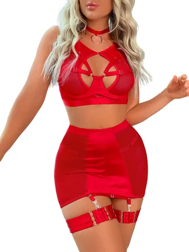 Vista 7 de Kaei&Shi Lencería de liguero para mujer, falda de cintura alta con tiras en G, 4 piezas, sexy, exótica, conjunto de lencería boudoir Negro