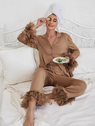 Vista 4 de WDIRARA Conjunto de pijama de 2 piezas con botones de manga larga y pantalones para mujer